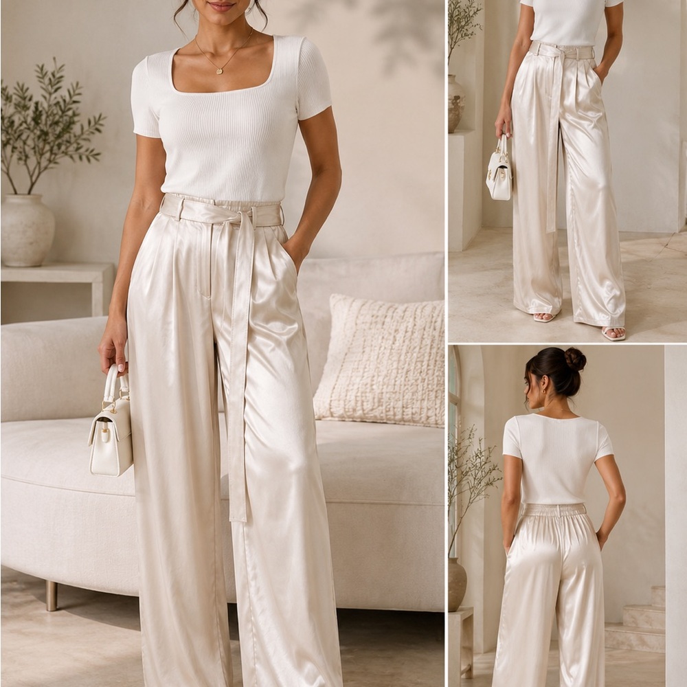 Wide Leg Satin Pants with Tie Belt - Ivory